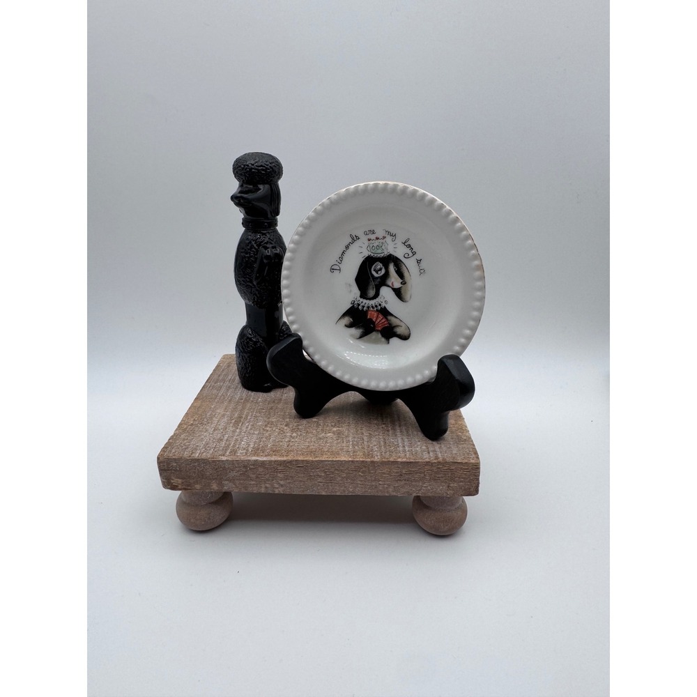 Vintage Avon Black Glass Poodle Bottle and Diamonds Dachshund Trinket Dish Set